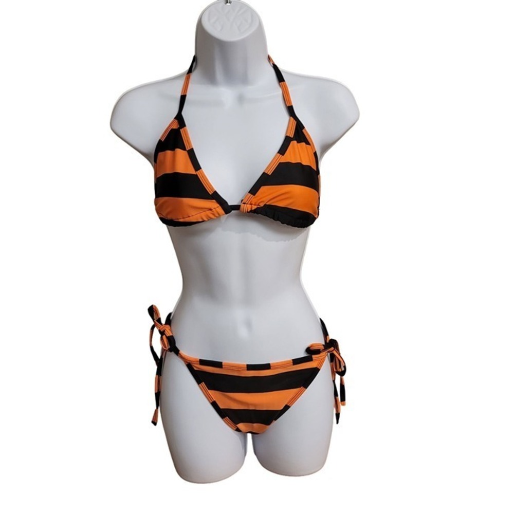 Orange and Black Striped Triangle Bikini Set with Halter Side Tie Bottoms